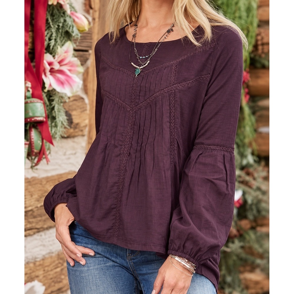 Sundance Women's Plum Purple Pintuck Lace Trim Long Sleeve Blouse- Small
